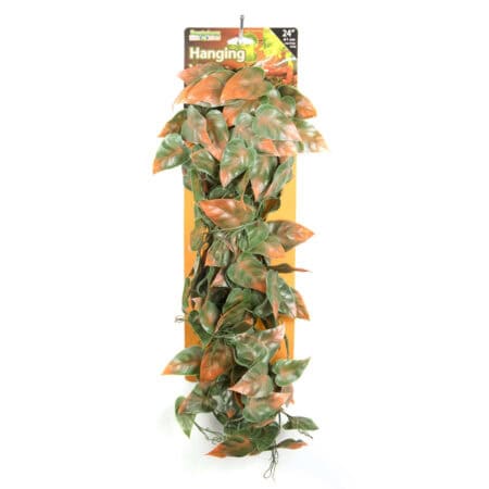 Artificial hanging plant with lush green and orange leaves, ideal for reptile terrariums and vivariu.